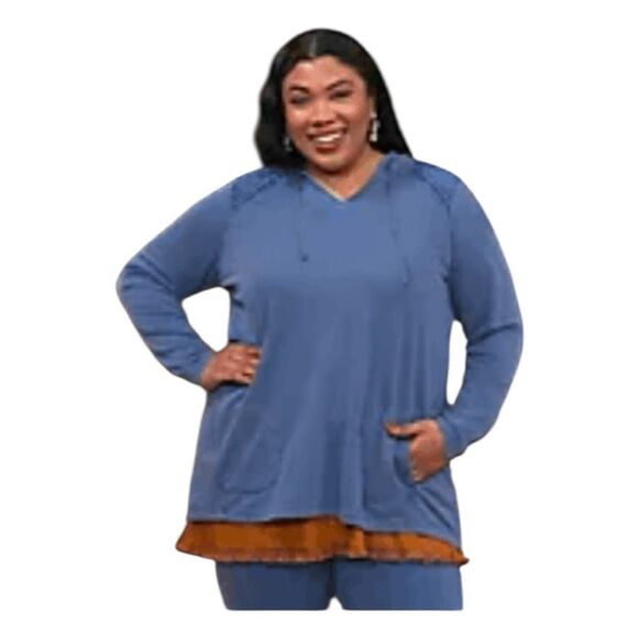 LOGO Life Lori Goldstein Pintuck Trim Hoodie Sweatshirt Steel Blue French Terry - Picture 3 of 10